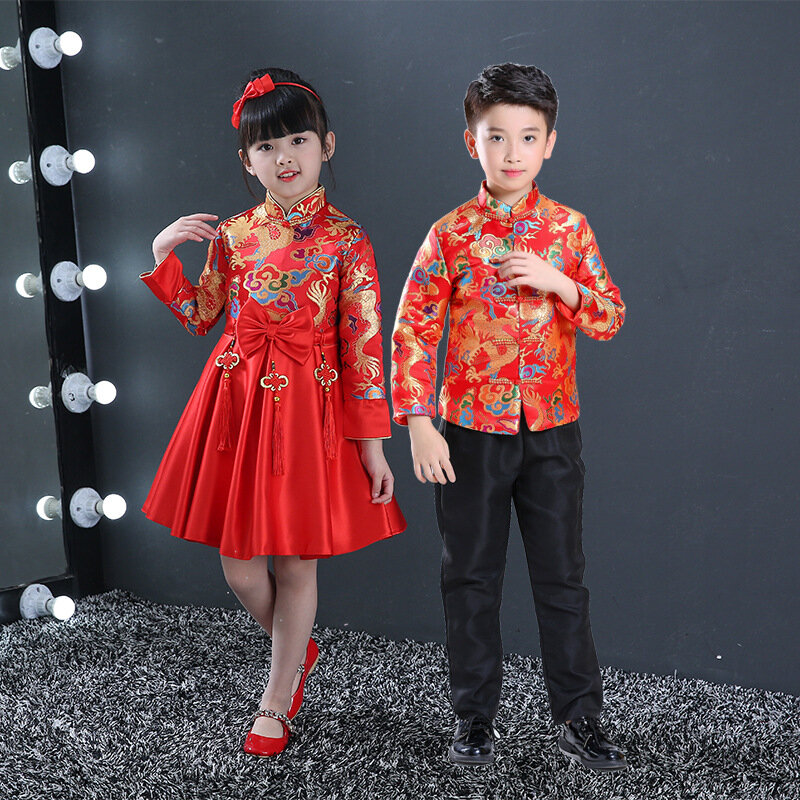 Anak-anak Gaun Dinasti Tang Tradisional Cina Pakaian Jaket Kostum Celana untuk Anak Boy Girl Pakaian