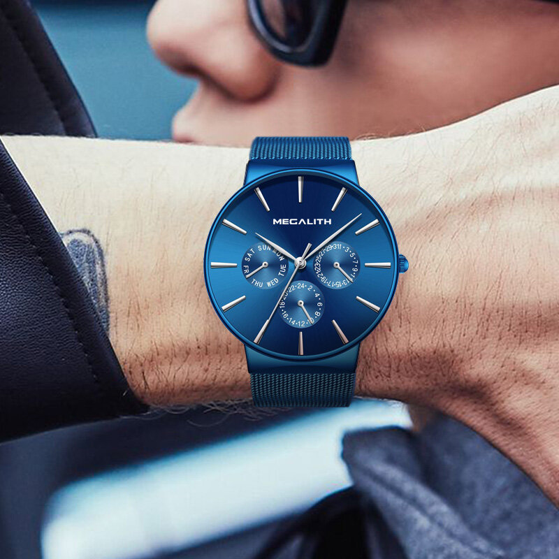 Relojes Para Hombre de MEGALITH, reloj deportivo de lujo de marca superior, reloj de cuarzo resistente al agua con fecha de acero y malla para hombre