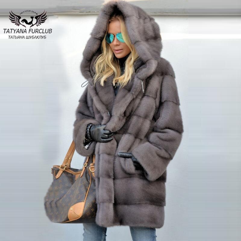 Tatyana-abrigo de piel de visón Real para mujer, chaqueta gruesa y cálida de lujo, con capucha grande, para invierno