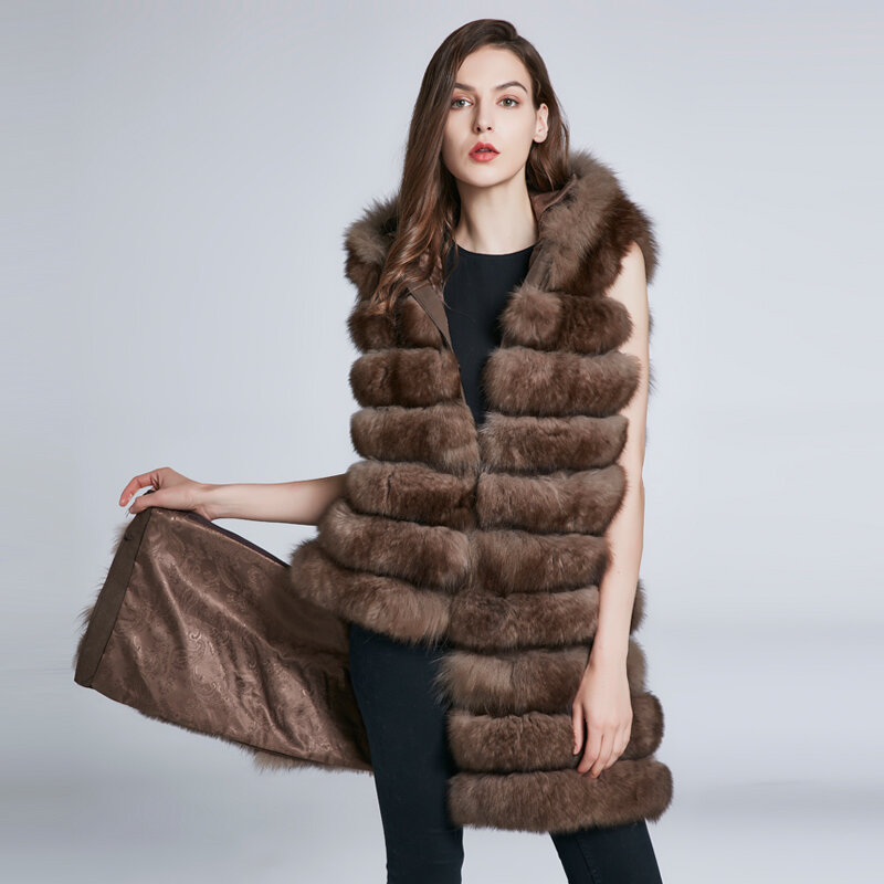 Jkp-本物のキツネの毛皮で作られた女性用の長くて厚いベスト,取り外し可能で暖かい,ファッショナブルな,新しいコレクション