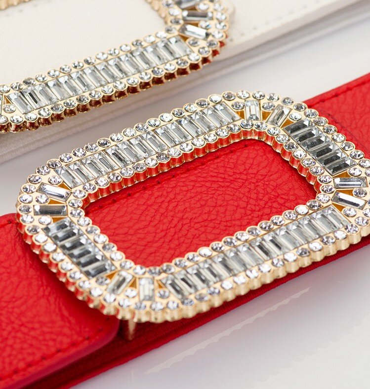 luxury crystal cummerbunds female elastic wide waistband women clear rhinestone alloy Rectangular buckle belts dress strap belt