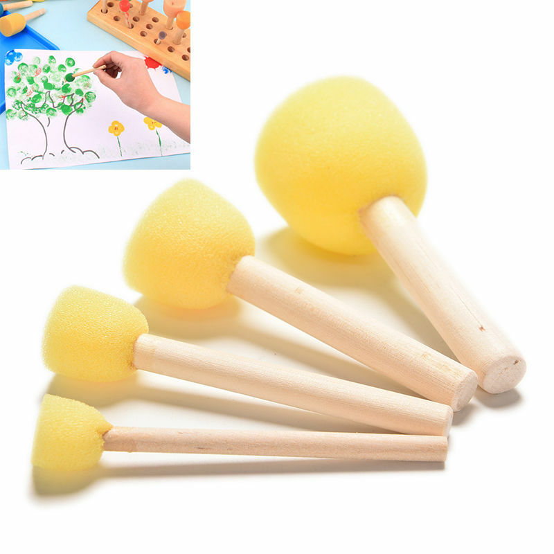Pincel de esponja amarilla con mango de madera Original para niños, pincel de esponja para sellar, para pintar grafiti, juguetes para niños, 4 Uds.