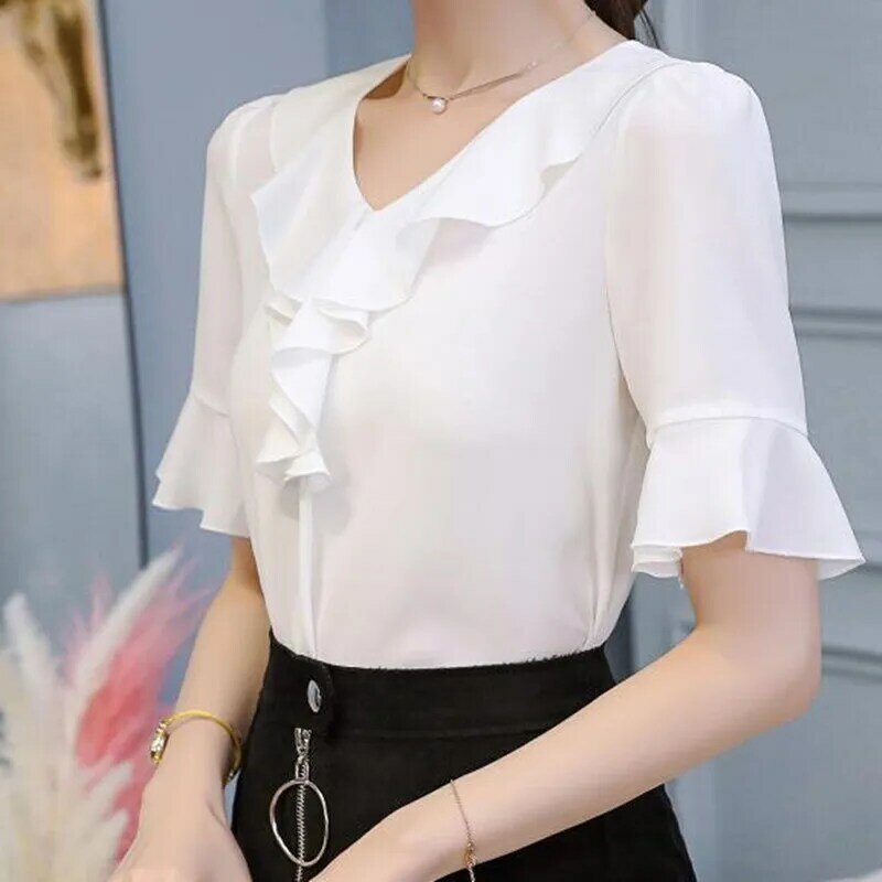 Wiosna lato koreański szyfonowa koszula kobiet cienkie krótki rękaw moda Pure Color rozrywka bluzka biuro panie na co dzień topy H9072