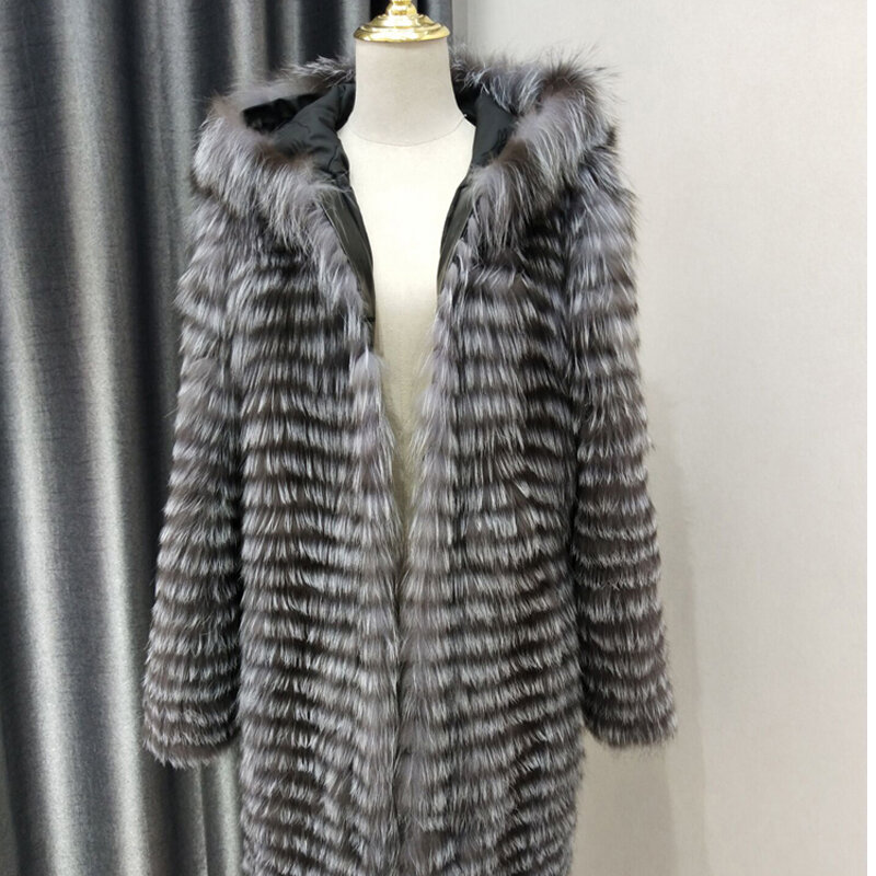 Bạc Thật cáo lông nữ mùa đông lông tự nhiên Áo khoác nữ áo khoác có mũ trùm đầu overcoats Slim