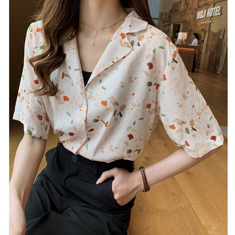 ฤดูร้อนผู้หญิงบางเสื้อชีฟองสไตล์เกาหลีพิมพ์เสื้อแขนสั้นหญิงเปิดลงคอ Causal เสื้อแฟชั่นหลวม H9001
