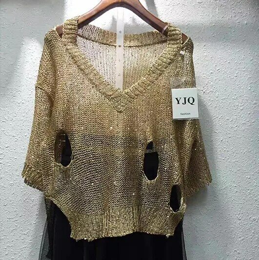 Cakucool Frauen Gold Lurex stricken Hemd Sexy aushöhlen Halbe Hülse Top Bluse Bling Lose durchsichtig Casual Sommer Blusa femme