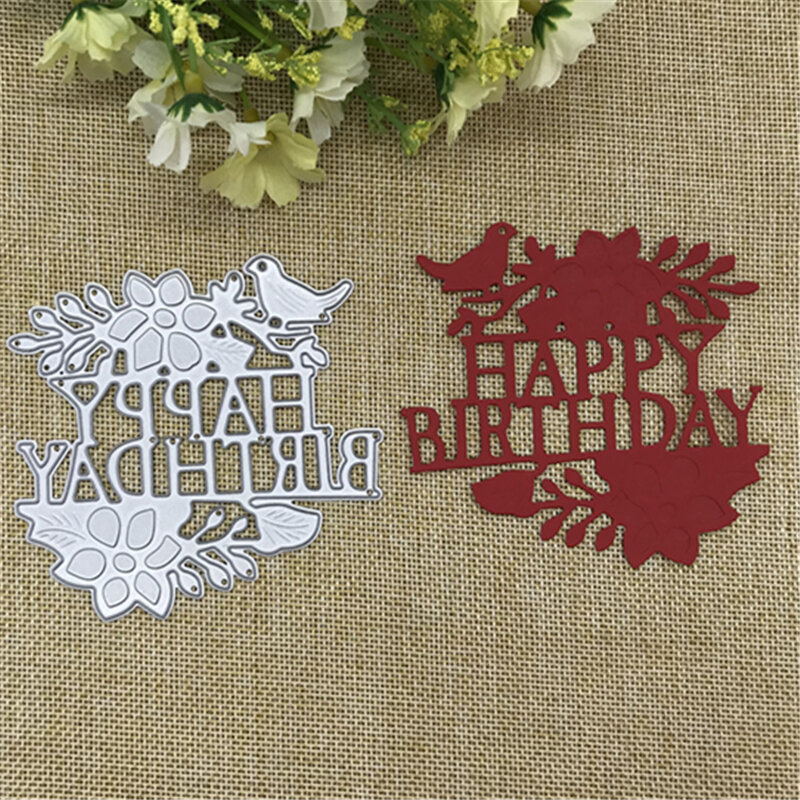생일 축하 새와 꽃 금속 절단 다이 스텐실 카드 만들기 장식 엠보싱 정장 종이 카드 스탬프 DIY