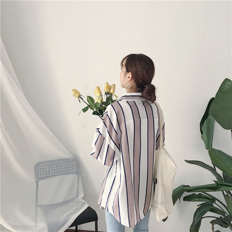 Blusa feminina listrada de manga comprida, camisa feminina solta slim fit para todos os estilos, 2018