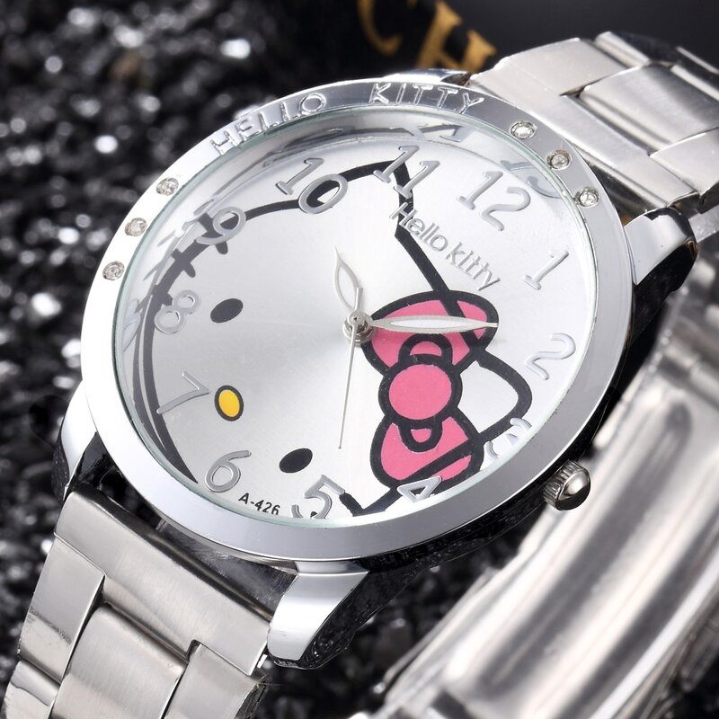 Полный Сталь рисунок «Hello Kitty» мультфильм Часы Мода кварцевые женское платье часы со стразами Cat Часы девушка часы relog hodinky ceasuri