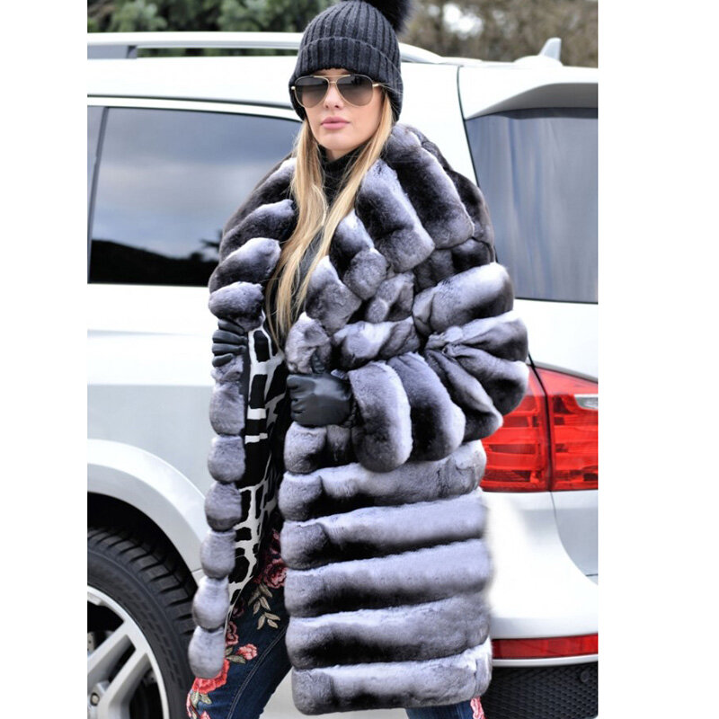 Bffur rex pele de coelho chinchila cor das mulheres casacos 2022 inverno grosso quente roupas de luxo com capuz casacos de pele natural