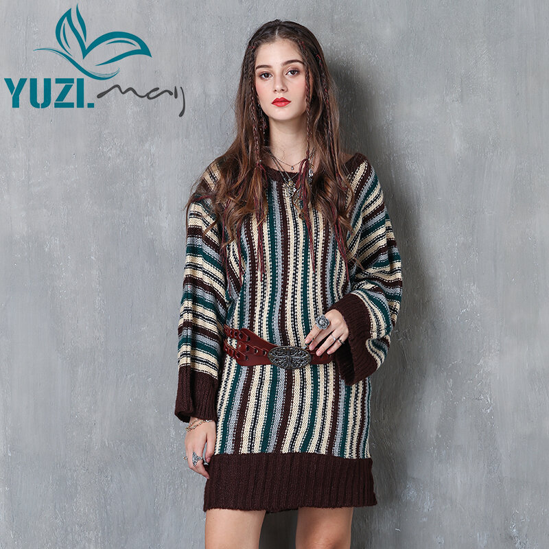 Camisola para mulher 2017 yuzi. may boho novo algodão pullovers o pescoço batwing manga solta listrado blusas longas b7911