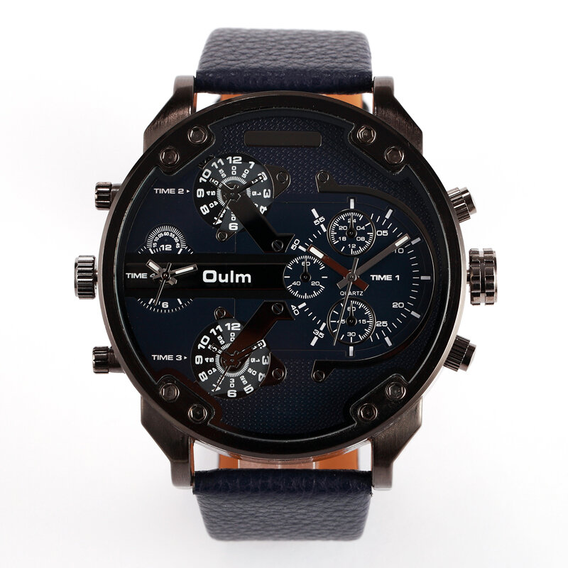 5.6cm Cool Big Case Mens Watches Man Top Luxury Brand OULM Quartz Watch For Men Dual Times Military relogio masculino Male Clock