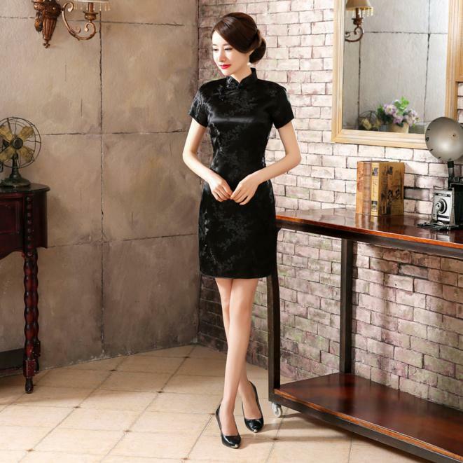 Mini vestido de seda chinês feminino, vestido sexy de verão preto cetim tradicional qipao cheongsam flor tamanho s, m, l, xl, xx 4xl 5xl 6xl nc027