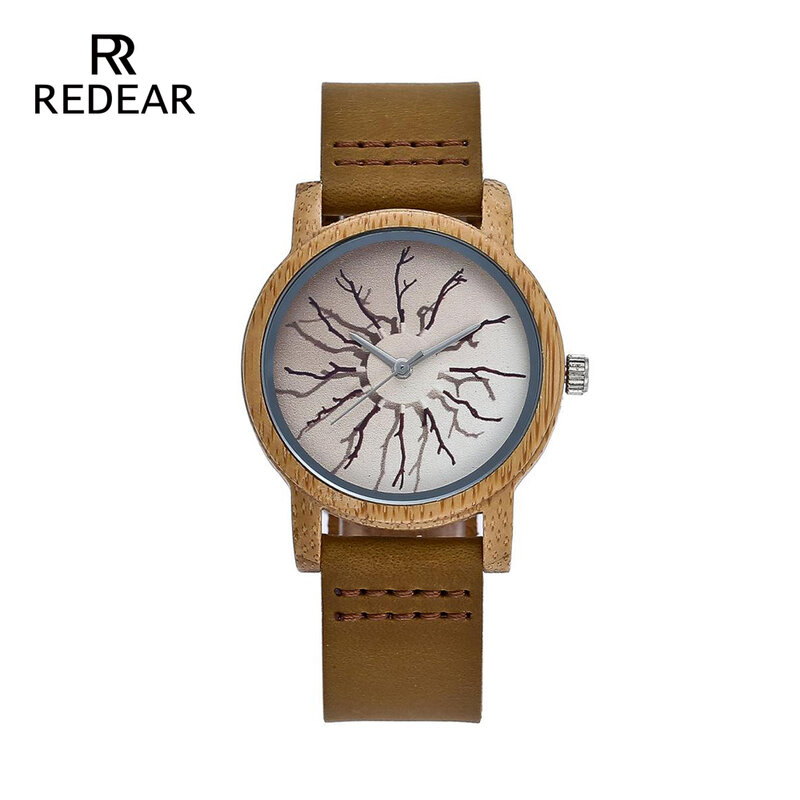 REDEAR Bamboo Love's Watches for Men Genuine Cowhide Leather Watch Minimalist Pointers Quartz Male Watch Men Clock