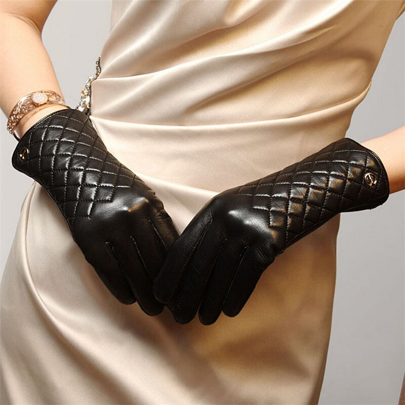 HOT Sale Fashion Lady Sheepskin Gloves Autumn Winter Plus Warm Velvet Women Genuine Leather Elegant  Driving Glove EL014PC-5