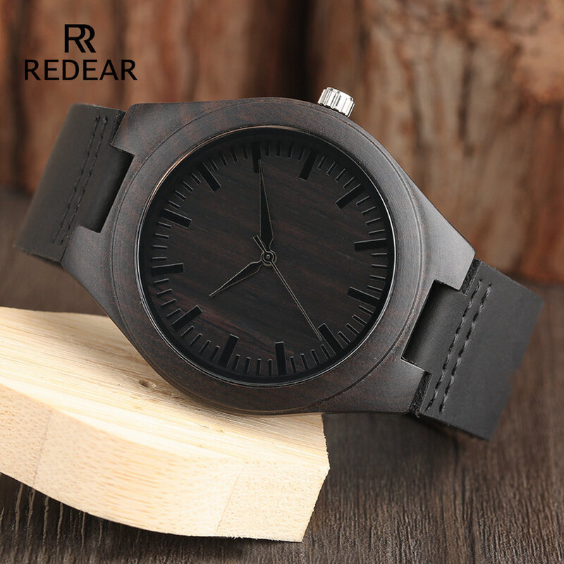 Классический черный сандалового дерева Для мужчин s часы кожаный ремешок кварцевые часы легкий подарок часы Для женщин или Для мужчин без логотипа