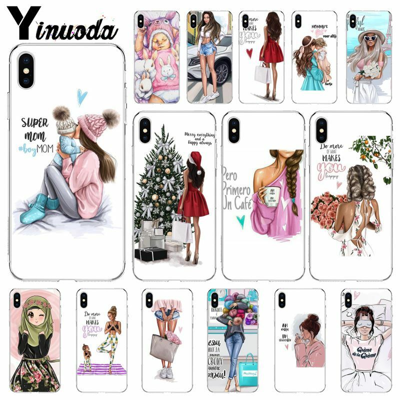 Yinuoda Black Brown Hair Baby Mom Girl Queen Soft Silicone TPU Phone Cover for Apple iPhone 8 7 6 6S Plus X XS MAX 5 5S SE XR