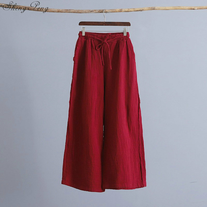 Pantalones holgados de lino y algodón para mujer, pantalón de pierna ancha con bolsillos, informal, cómodo, para verano, Q759