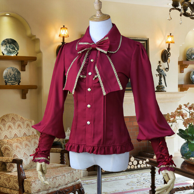 Женская шифоновая блузка в стиле "Лолита", Офисная винтажная Готическая облегающая блузка с кружевом и бантом, повседневные рубашки с длинным рукавом, весна