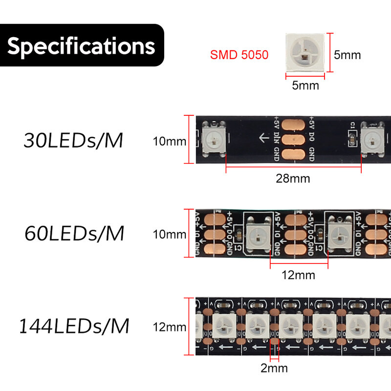 WS2812 IC LED Strip 5050 RGB 30/60/144 พิกเซล Dream สีสมาร์ทพิกเซล LED Strip WS2812B สีดำ/สีขาว PCB, IP30/IP65/IP67 DC5V