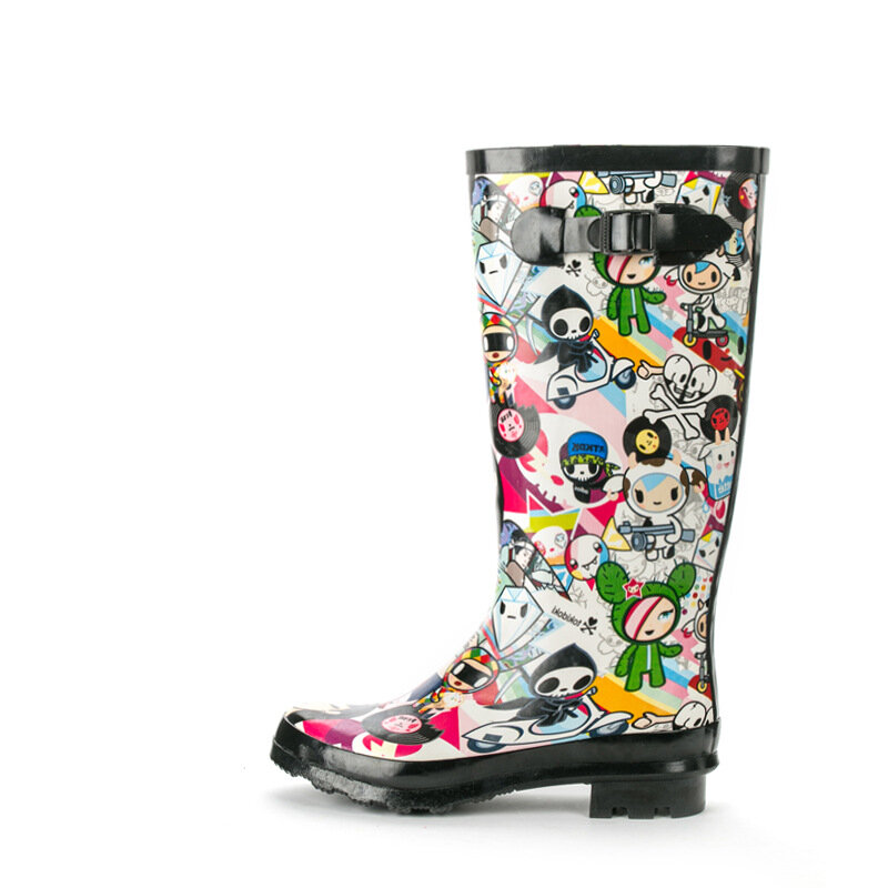 CuddlyIIPanda جديد رسمت باليد الكرتون احذية المطر مقاوم للماء النساء حذاء برقبة للركبة لطيف Kawaii مشبك حزام بوتاس الأنثوية
