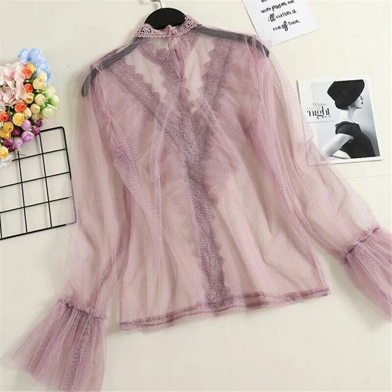 Two Piece Shirt +Tank Tops New Women Hollow Out Mesh Blouse Sweet Ruffles Lace Shirts Female Bottoming Long Sleeve Blouses A1169