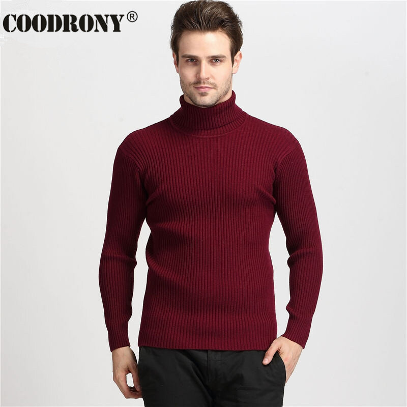 Coodrony suéter masculino de caxemira, espesso quente de inverno gola alta slim fit pulôver masculino de lã clássica tricotada