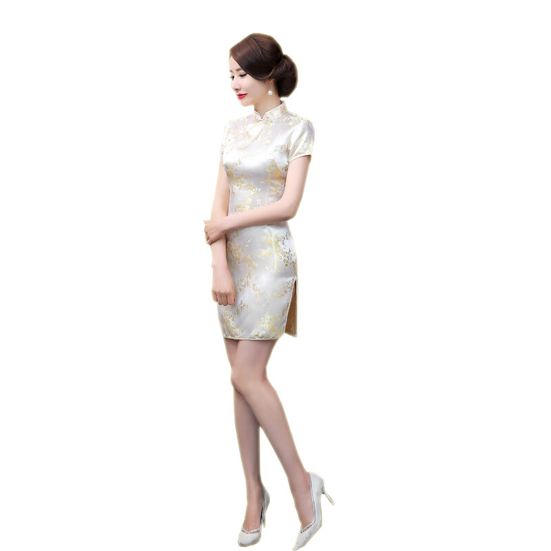 Gaun pendek kerah Mandarin 6XL Oversize Cheongsam Formal wanita elegan Qipao tradisi Shanghai lama gaun pendek seksi