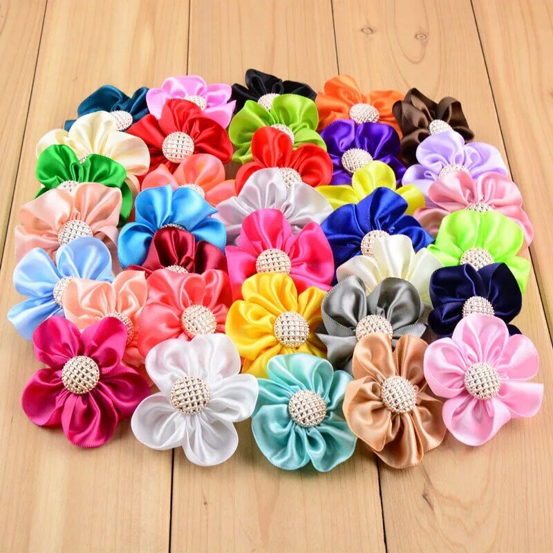 110 pcs/lot , 2 inch satin ribbon flowers with button Appliques