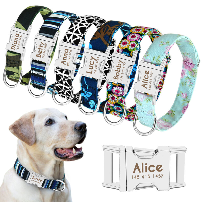 Coleira de cachorro de nylon personalizado coleira de estimação gravado id tag placa de identificação reflexiva para cães de pequeno porte médio grande pitbull pug