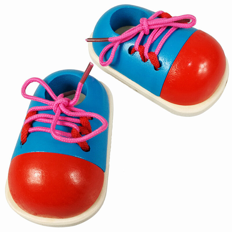 Juguetes Educativos Montessori para niños, zapatos de madera con cordones, 2 piezas