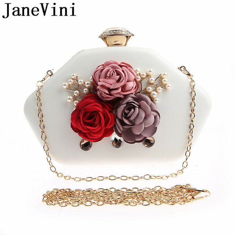 JaneVini 2019 أحدث النساء حقائب الزفاف الزهور الصناعية لؤلؤة الكريستال مساء حفلة موسيقية حقائب حقيبة يد العروس مخلب سلسلة الذهب