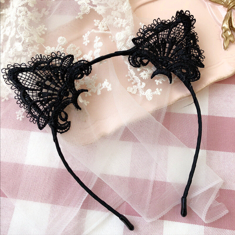 Women Hair elastic headbands Fashion Black Lace Cat Ears Headband Wedding Photography Portrait Style Hair Hoop hair accessories