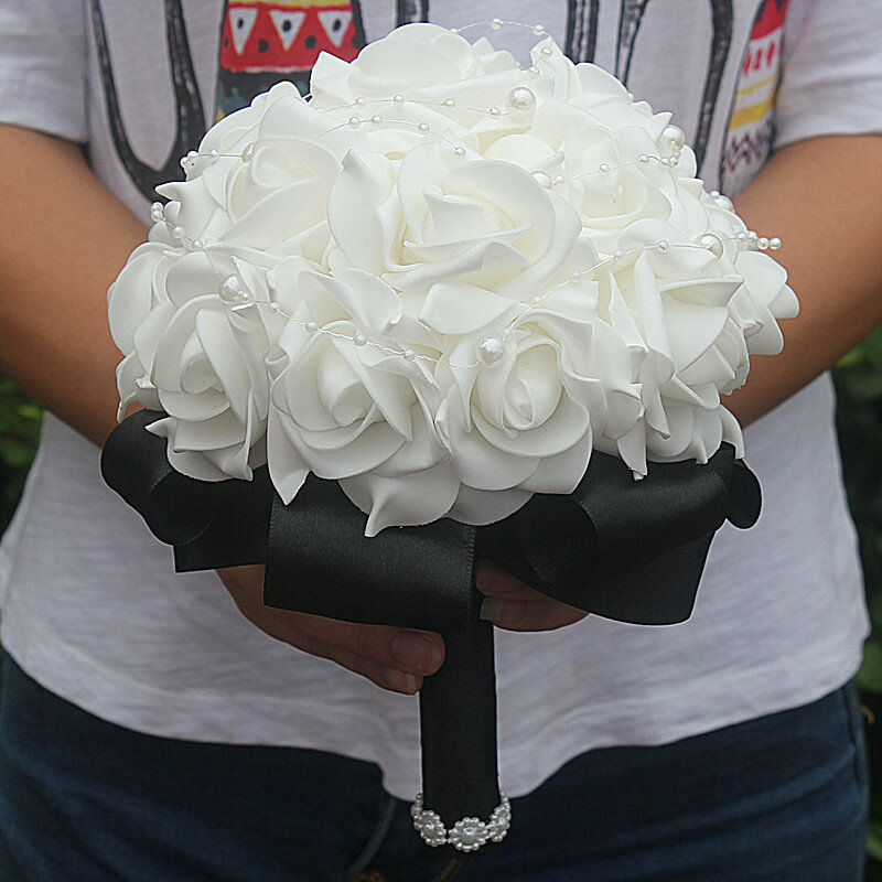 PE ราคาถูก Rose งานแต่งงานสำหรับเพื่อนเจ้าสาวดอกไม้ Rose Buket Pengantin ริบบิ้นปลอมช่อดอกไม้งานแต่ง De Noiva ที่กำหนดเอง