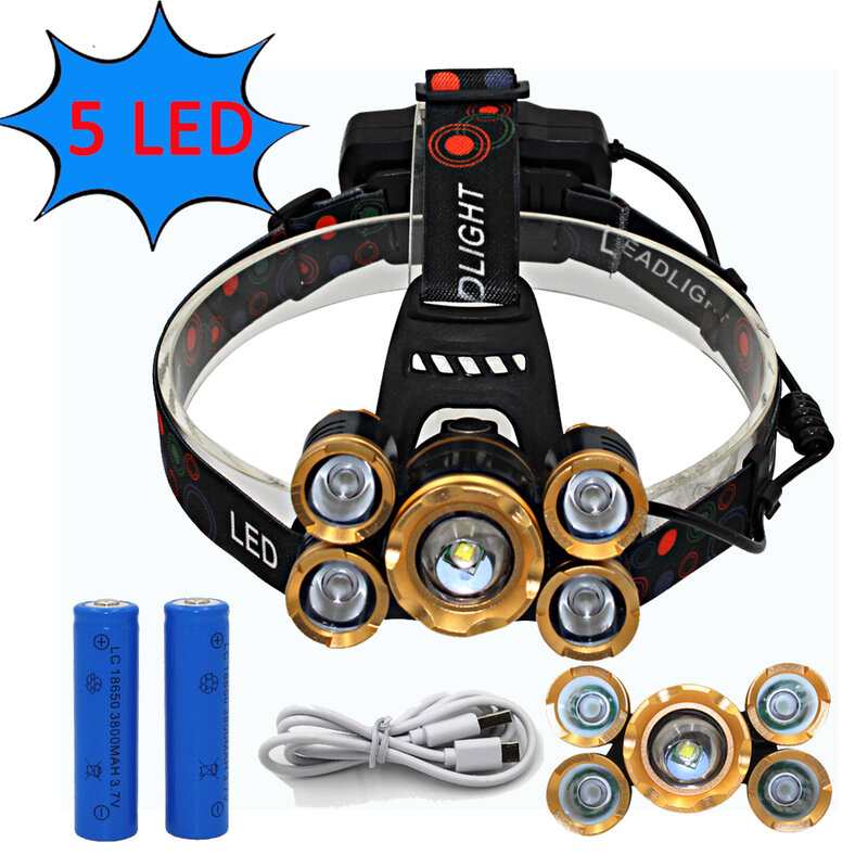 USB Rechargeable Headlamp Zoom Headlight Zoomable Head Lamp 5 LED T6 Q5 Flashlight Lanterna + 18650 Battery + USB Charger line
