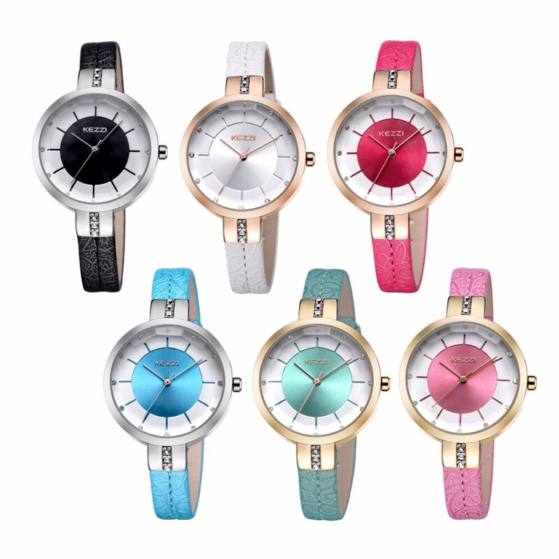 KEZZI-브랜드 여성용 가죽 스트랩 손목 시계, 패션 인레이 라인석 심플한 다이얼 일본 무브먼트 쿼츠 여성 시계 Relogio