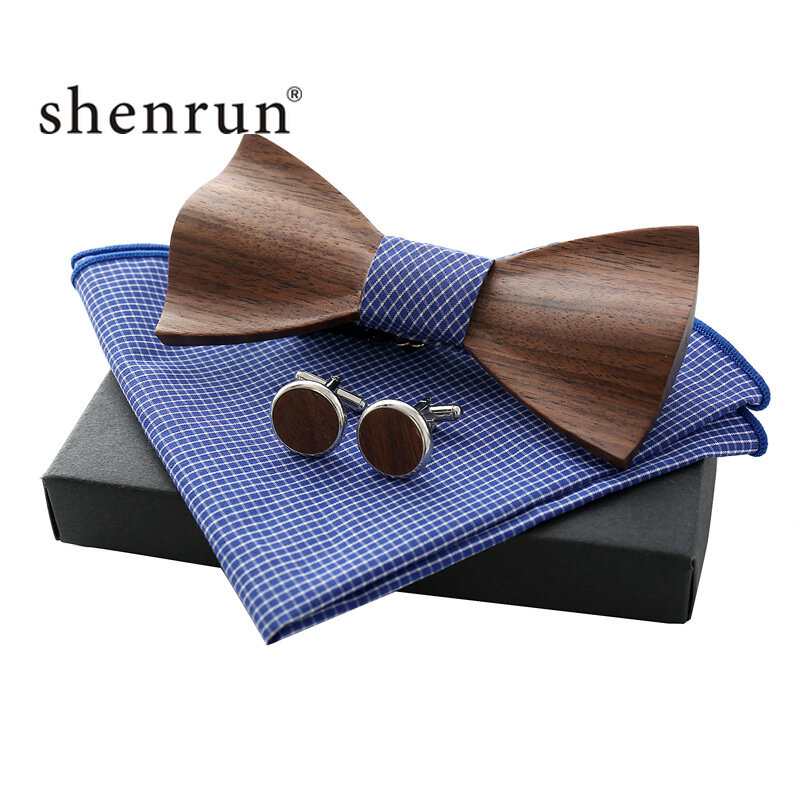 ShenRun ใหม่ผู้ชายทำด้วยมือไม้ผูกโบว์ผีเสื้อ + Cufflinks + ชุดผ้าเช็ดหน้างานแต่งงานอุปกรณ์เสริม mens tie ชาย