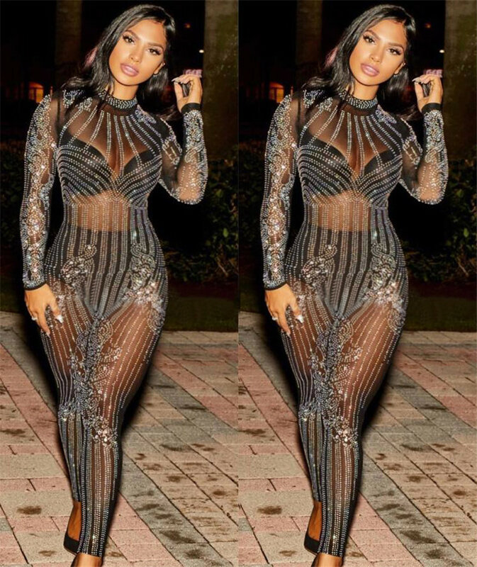 Sexy Bodycon Long Sleeve Sheer Jumpsuits Fashion Mesh Geometric Rhinestone See-Through Romper Sparkly Overalls Combinaison Femme