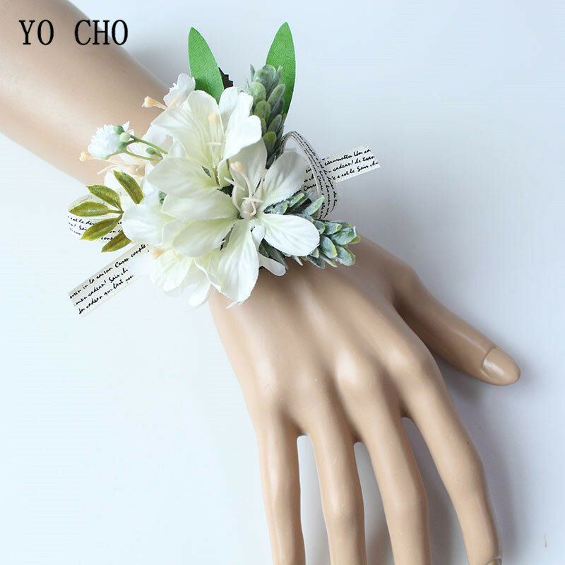Yo Cho Witte Bruid Hand Pols Bloem Bruiloft Boeket Handgemaakte Zijden Flores Boutonniere Corsages Pin Voor Bruidsmeisjes Decor Bloemen