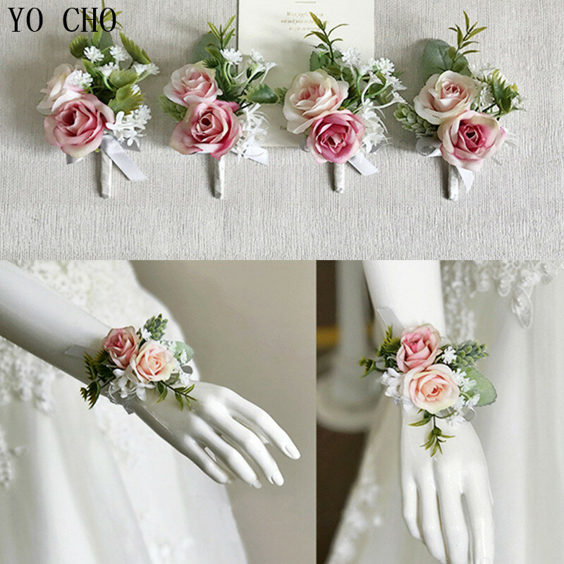 YO CHO Braut Hochzeit Handgelenk Corsage Bräutigam Bouton Rosa Künstliche Seide Rose Blume Armband Prom Party Treffen Corsagen Decor
