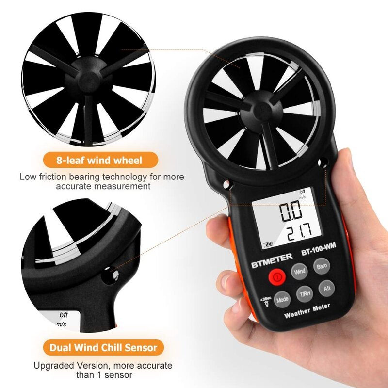 BTMETER-Anemómetro Digital de BT-100-WM, barómetro portátil, para velocidad del viento, temperatura, humedad