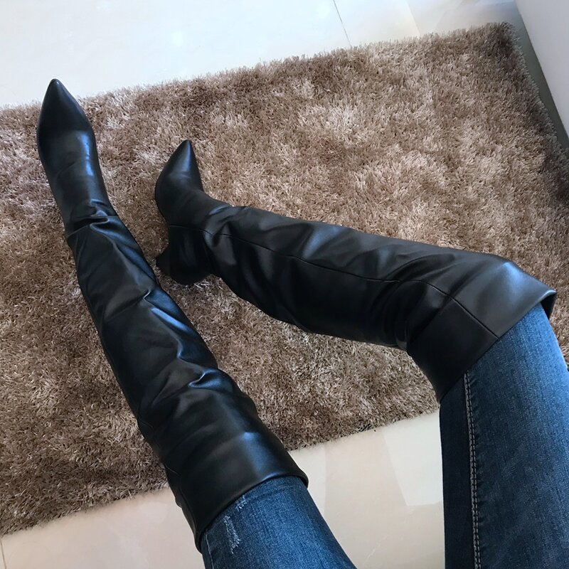 Black Leather Thigh High Boots Women 9CM High Heel Over The Knee Boots Woman Motorcycle Boot Snow Winter Boots With Fur Shoe