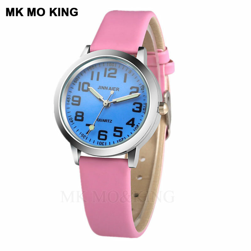 Kolor damski zegarek moda podświetlane wskazówki dzieciak chłopiec zegar sportowy Casual skóra Quartz dziewczyna dzieci zegarek Relogio Feminino
