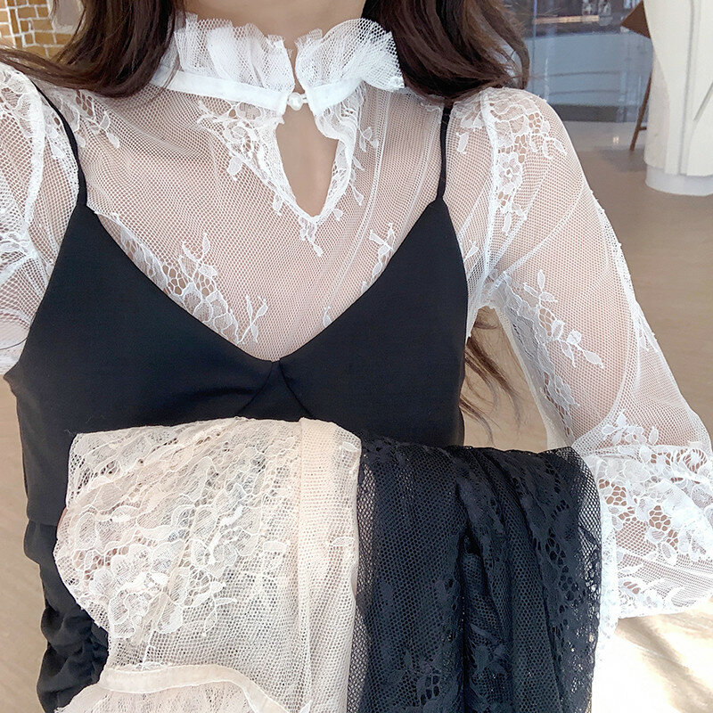 Женская сетчатая блузка, кружевная блузка с расклешенным рукавом, весна-лето, 2019