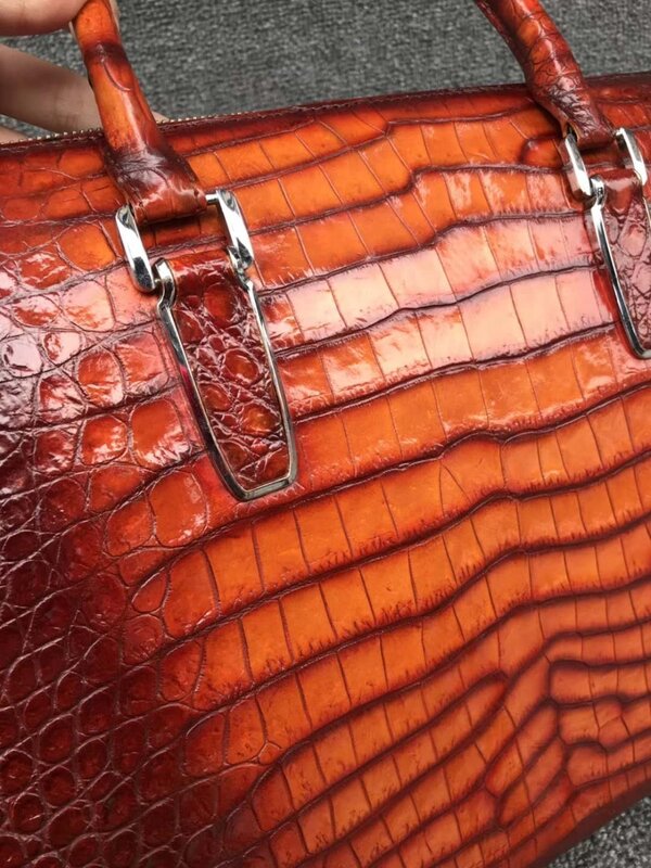 Bolsa de couro de crocodilo real masculina, bolsa executiva com zíper e alça em 2 cores couro de crocodilo laranja + marrom, 100%