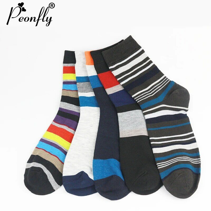 PEONFLY-Calcetines de algodón con rayas de colores para hombre, medias populares de negocios, 5 par/lote