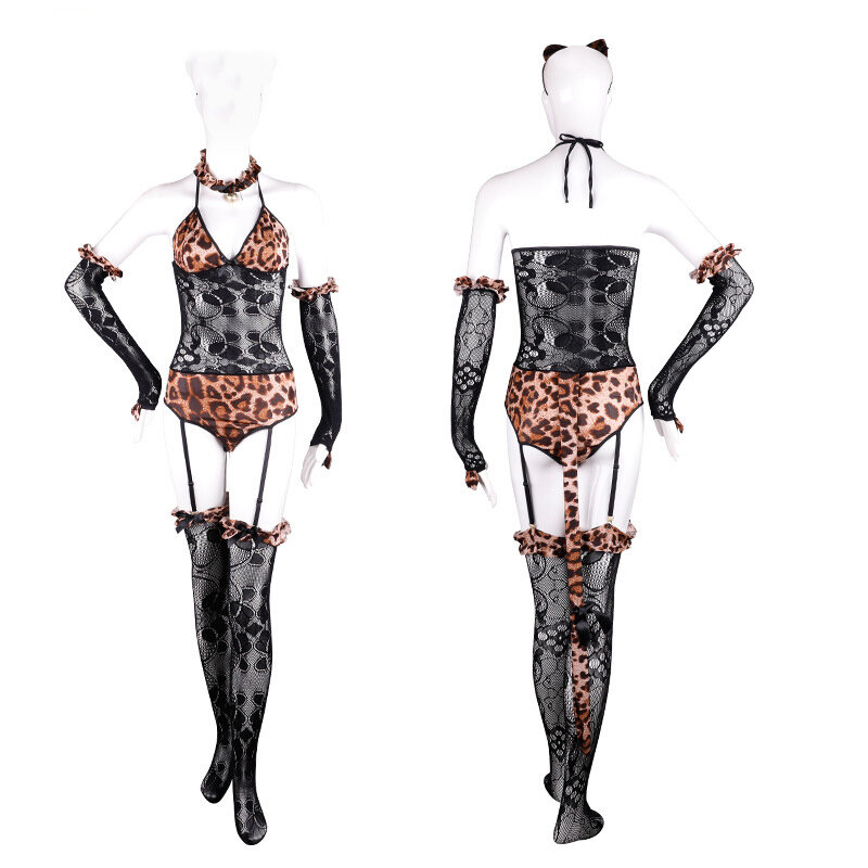 Mousse-liguero Sexy para mujer, uniforme tentador, mono con estampado de leopardo salvaje, combinación de ropa interior para dormir