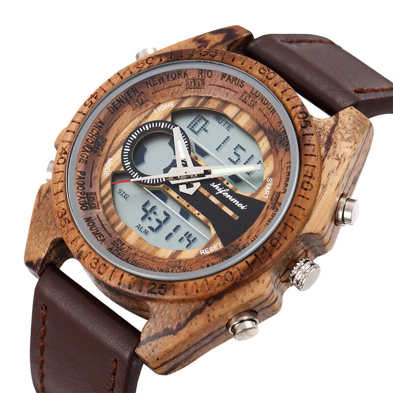 Reloj de madera Shifenmei relojes digitales de lujo de doble tiempo para hombres reloj de cuarzo japonés de madera para hombres s2139L