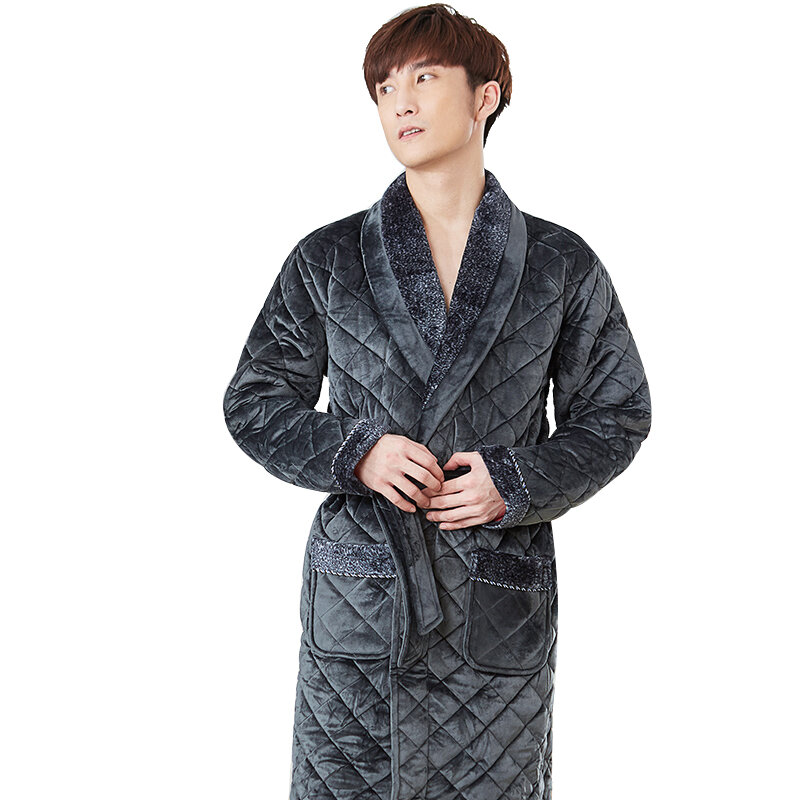 Albornoz grueso de 3 capas para hombre, Kimono largo acolchado de franela suave, bata de baño cálida, bata de lana de Coral, Invierno