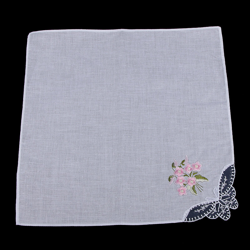 Pack of 12 Flower Embroidery   Cotton Handkerchiefs Comfy Pocket Hanky Square Handkerchiefs for Women White